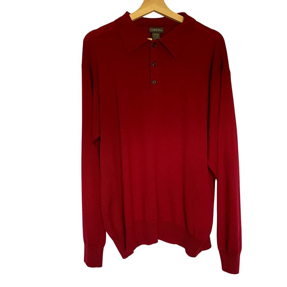 Cortina red knit sweater merino wool men's size XL casual bright preppy collared